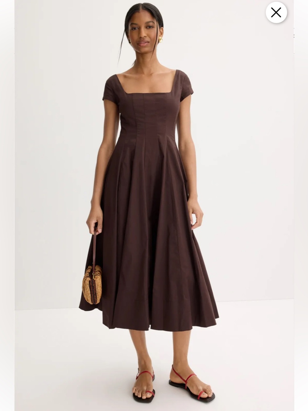 STAUD Wells Square-Neck Cap-Sleeve Midi Dress in Dark Brown Sz 16 NWot $295